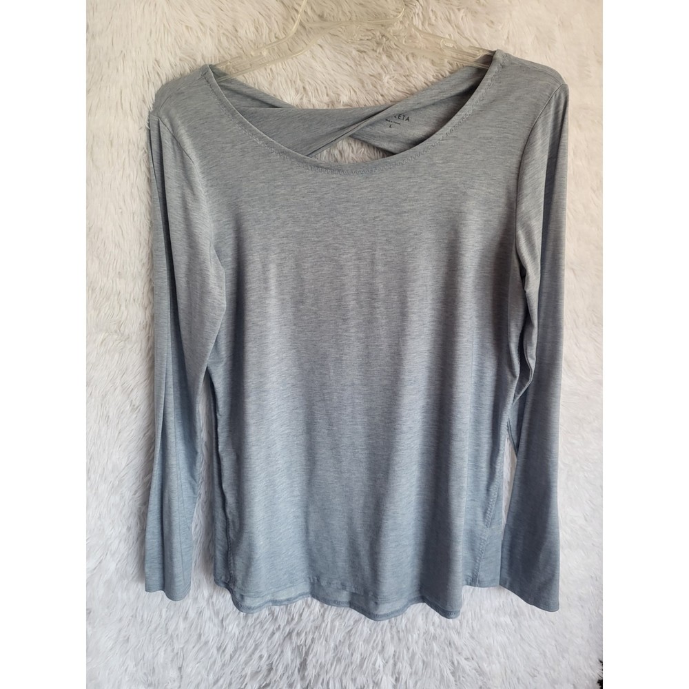 Athleta Jaquard Flexlight Shirt Women's Size Large Blue Long Sleeve Open Back